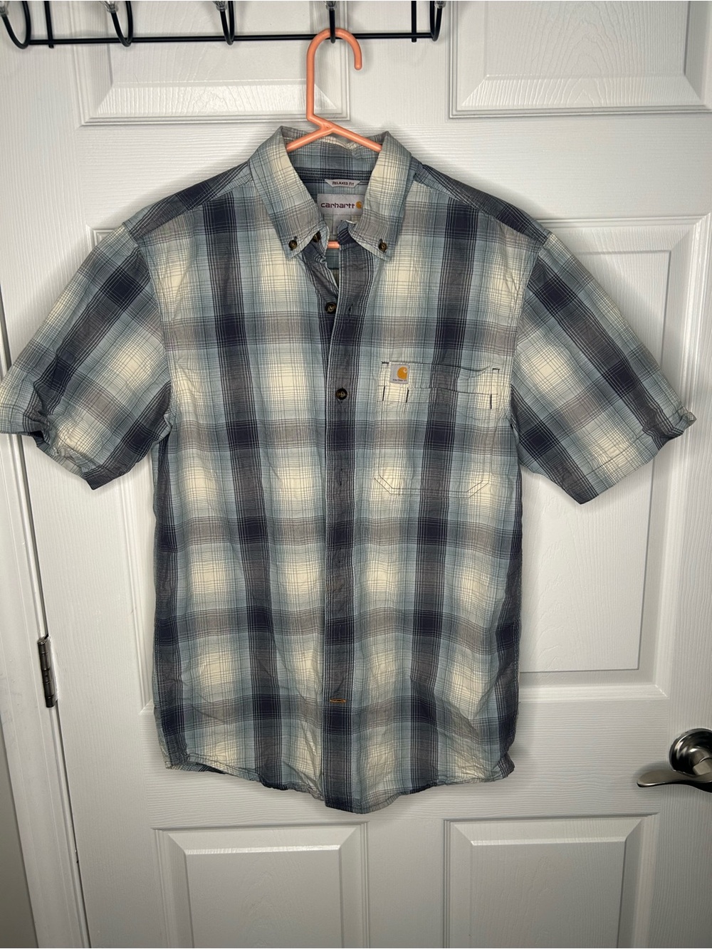 Carhartt Men's Short-Sleeve Plaid Work Shirt in Blue-Grey sz S
